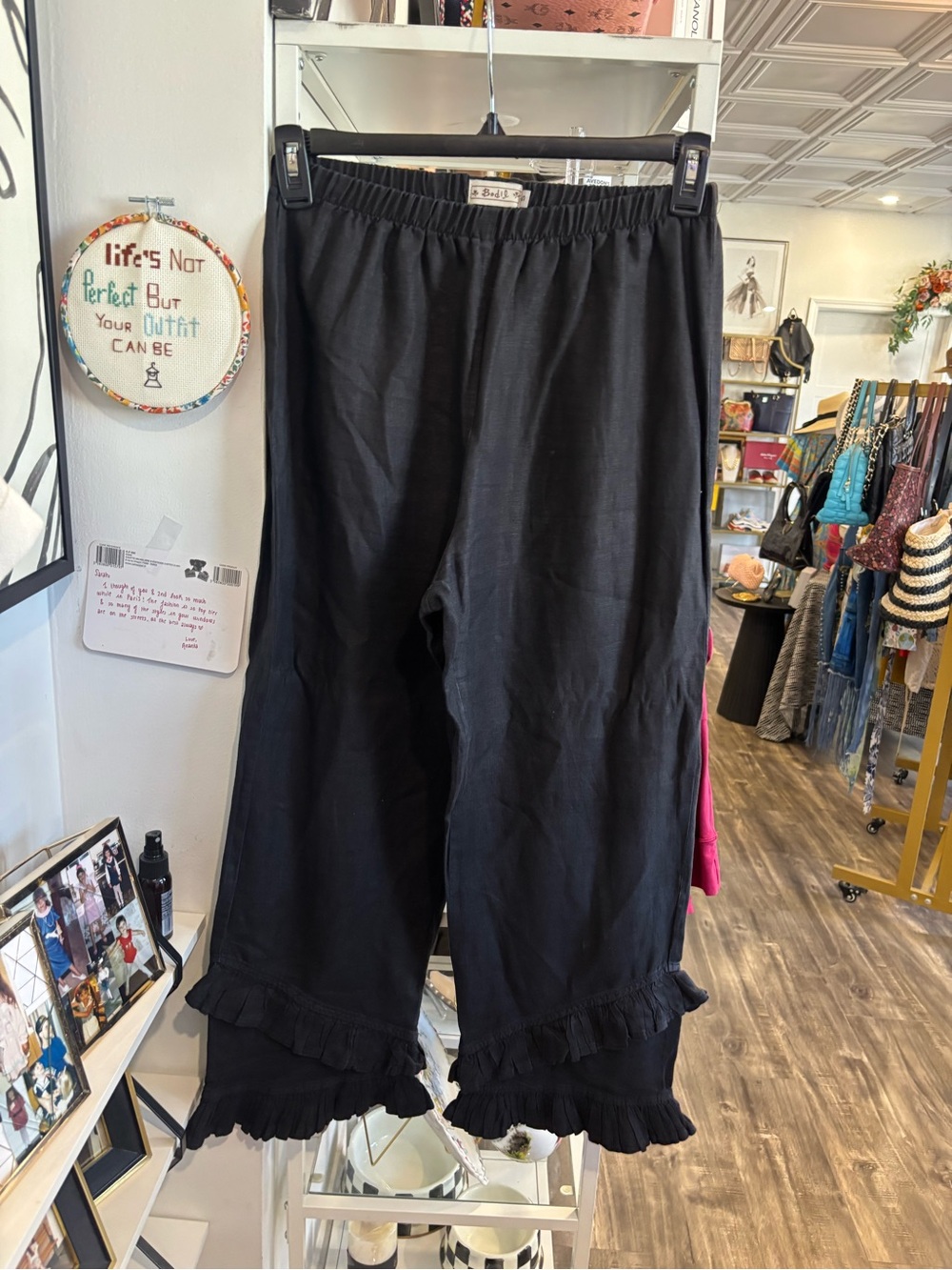 Bodil Black Ruffle-Hem linen Wide Leg Pants